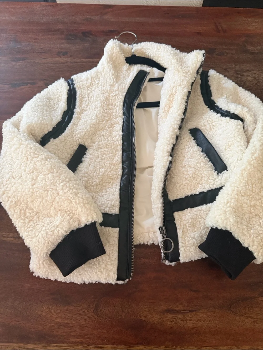 Kids Sherpa Zip Moto Jacket in Cream with Black Trim- Design History M